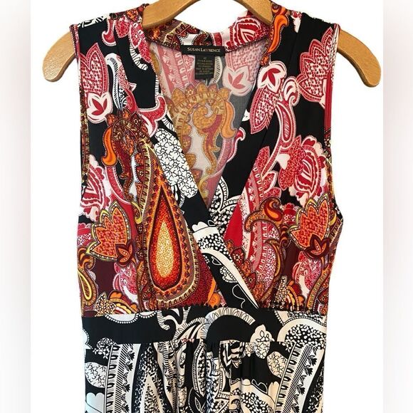 Susan Lawrence M Black Orange Paisley V-Neck Relaxed Flowy Maxi Vacation Dress - Picture 3 of 6